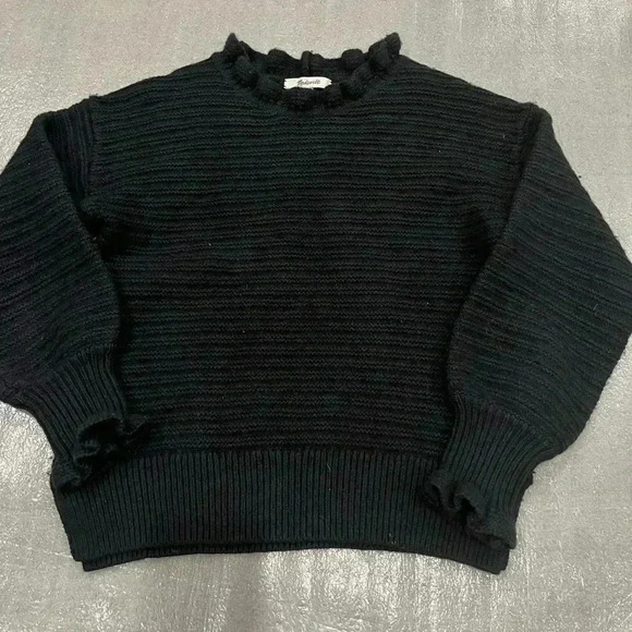 [S]Madewell Black Ruffle-Neck Pullover Sweater in  Cotton-Merino Yarn - Picture 3 of 10